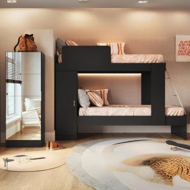 Imagem de Beliche Para Colchão 78x188cm Com 1 Porta E Sapateira Com Espelhos Multimóveis Mp4370 Preto