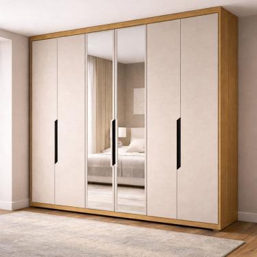 Imagem de Guarda-roupa 100% Mdf Casal com Espelho Barcelona Off White/Carvalho