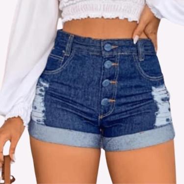 Imagem de Short Jeans Feminino Sem Lycra Fecho de Botão Cós Alto Barra Dobrada M