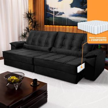 Imagem de Sofá Retrátil Reclinável 2,50m Ascari Suede Velut Preto Molas Ensacadas - King House