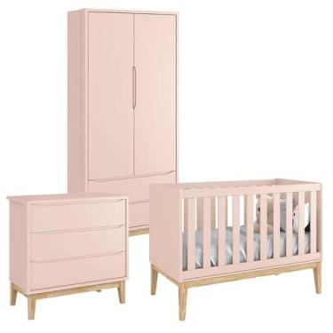 Imagem de Quarto de Bebê Classic 2 Portas Rosa com Pés Madeira Natural  Reller