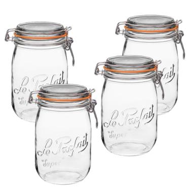 Imagem de Frasco de vidro francês para conserva Le Parfait Super Jar, corpo redondo, com tampa hermética, boca larga, transparente (946 ml, pacote com 4)