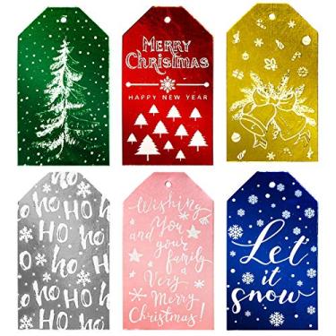 Imagem de Etiquetas de presente de papel de Natal Whaline Merry Christmas coloridas folha árvore de Natal flocos de neve com barbante de juta pré-perfurado com furos para pendurar etiquetas para decoração de presentes de inverno, pacote com 120, design com 6
