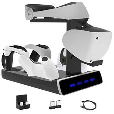 Imagem de Suporte de estação de carregamento para controladores PS VR2 e PS5, suporte com fone de ouvido VR, carregamento de 4 controladores e indicadores LED, cabo de carregamento, carregador de assento