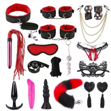 Imagem de Kit Brinquedos Sexuais Erótico Com 12 Peças Para Casais, Conjunto de Restrições, Plug Anal, Vibrador, Algemas, Chicote, Jogos Sexuais Acessórios Exóticos (Vermelho)