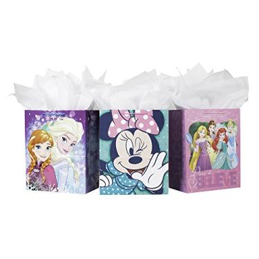 Imagem de Hallmark Pacote grande de sacola de presente Disney de 33 cm (pacote com 3: Minnie Mouse, Princesas e Frozen) para aniversários, festas infantis ou qualquer ocasião