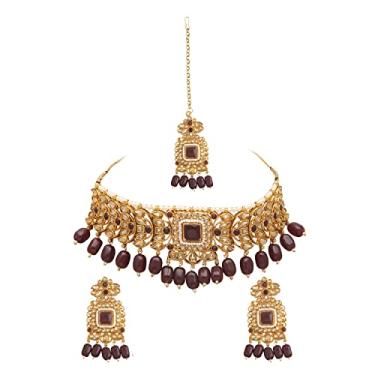 Imagem de Bodha Gargantilha de pérolas Kundan banhada a prata tradicional indiana conjunto de joias com Tikka e brincos para mulheres, Latão, Sem Pedra Preciosa