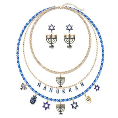 Imagem de XOCARTIGE Colar de Hanukkah, brincos para mulheres, estrela de Davi, menorá, colar gargantilha com contas em camadas, festival de luzes, chanucá, joias judaicas, presentes, Zinco, Sem Pedra Preciosa