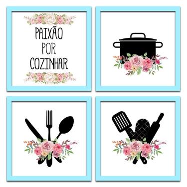 Imagem de Conjunto Quadros Decorativos 4pç 20x20 Paixão Por Cozinhar 2 Titulos Moldura Azul