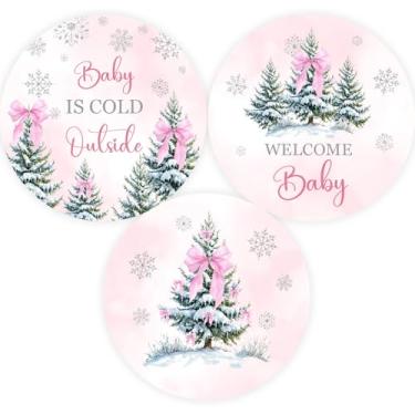 Imagem de 60 peças de adesivos Baby It's Cold Outside, adesivos de chá de bebê Winter Wonderland, laço rosa árvore de Natal etiquetas de bebê para meninas, revelação de gênero de férias de inverno/lembrancinhas