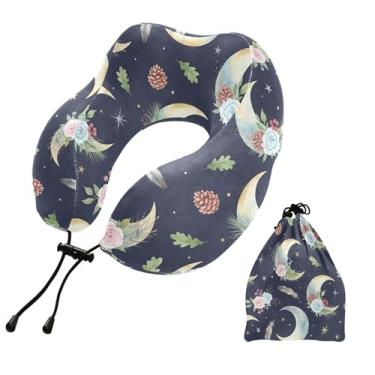 Imagem de Burbuja Almofada de pescoço com flores de lua para viagem, almofada de viagem de espuma viscoelástica para suporte de cabeça de carro de avião dormindo, lavável na máquina e portátil