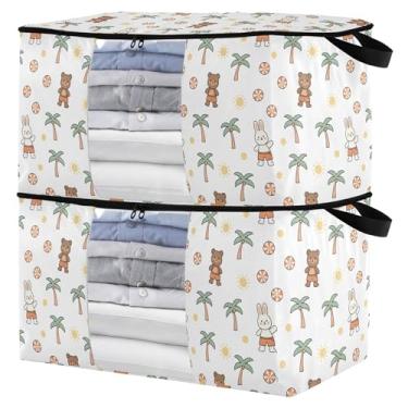 Imagem de Burbuja Bolsa de armazenamento de roupas de urso de coelho com tampa e alça, embalagem com 2 recipientes de armazenamento dobráveis com zíper resistente e janela transparente para armário de quarto