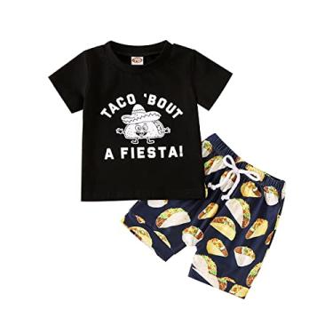 Imagem de Camiseta feminina manga longa manga curta estampas de letras tops shorts roupas de bebê menino, Preto, 2-3 Anos