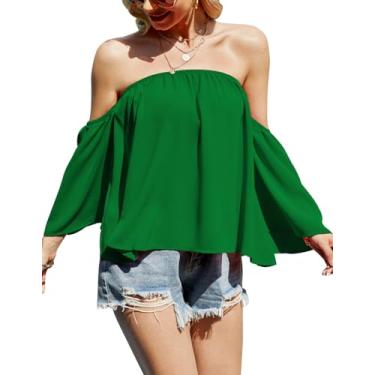 Imagem de Blusas femininas de verão fora do ombro de manga curta sexy tops chiffon babados camiseta casual, Verde grama, XXG