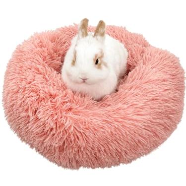 Imagem de Cama redonda de pelúcia macia para coelho, porquinho-da-índia, chinchila, auto-aquecida, outono, inverno, interior, soneca para dormir, aconchegante, gatinho, filhote, canil (rosa)