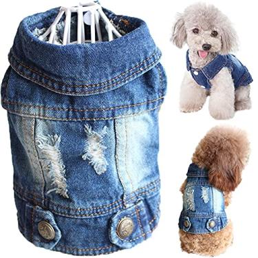 Imagem de Strangefly Jaqueta jeans para cachorro, roupas jeans azuis para filhotes, coletes de lapela vintage para animais de estimação, roupas legais clássicas de caubói para cães pequenos, médios, bebês, cachorros e gatos (PP, azul)