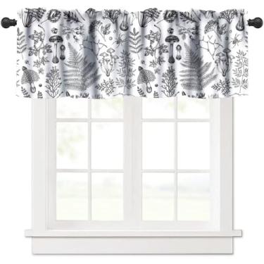 Imagem de Saia de cozinha vintage de cogumelo, preto e branco, natureza, folhas de samambaia, plantas de outono, estampa botânica, cortina blackout para janela para quarto, sala de estar, 137 x 45 cm