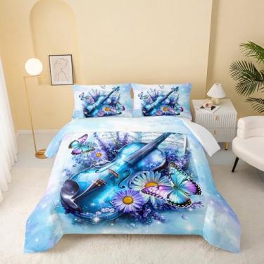 Imagem de QOOMO Jogo de cama casal com tema de música, violino, super macio, com 1 edredom e 2 fronhas, microfibra leve para todas as estações