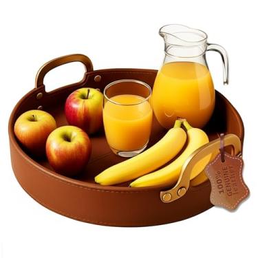 Imagem de HOME ARCHIVE Bandeja redonda costurada de couro com alça de latão, ideal para servir bebidas e café, bandeja de otomana para armazenamento de escritório, lanche, casa de cozinha, balcão de mesa