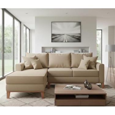 Imagem de Sofá Beny com Chaise Esquerda, 1,40x2,20m, 3 Lugares, Linho, Base em Madeira. (Bege)