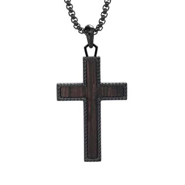 Imagem de GTMJ Colar de cruz de madeira para homens - corrente de caixa ajustável de aço inoxidável ébano preto 61 a 66 cm, joia cristã de presente para homens e mulheres, Medium, Aço inoxidável, Sem Pedra