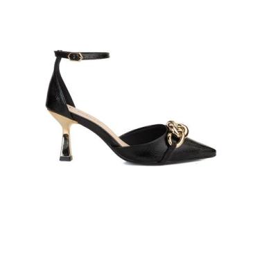 Imagem de Scarpin Bebecê Salto Fino Semi Aberto com Enfeite Elos, 35, Preto