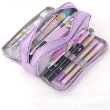Imagem de Estojo de lápis com 3 compartimentos com abertura dupla, bolsa moderna, artigos de papelaria de grande capacidade, bolsa para escritório, casa (roxo)