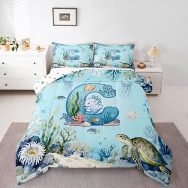 Imagem de Erosebridal Axolotl Conjunto de cama casal para meninas, meninos, letra C, lindo oceano azul, salamandra, desenho animado axolotl, monograma, edredom para crianças, adolescentes e adultos