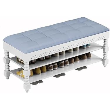 Imagem de Banco de sapatos, banco de armazenamento organizador com almofada 2 níveis sapateira para entrada sala de estar quarto corredor móveis de madeira, fácil de montar (tamanho: 110 x 30 x 48 cm, cor: roxo