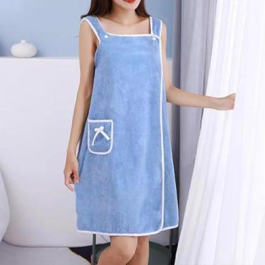 Imagem de 1 peça toalha de banho feminina coral lã absorvente roupão adulto wearable roupão praia spa sauna chuveiro roupão (azul)