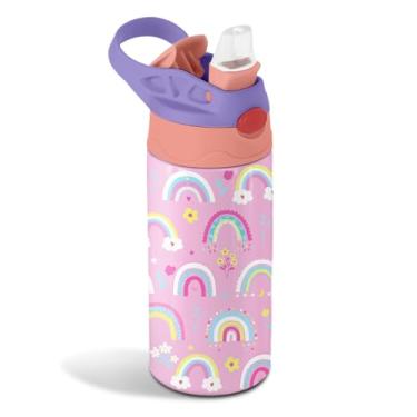 Imagem de Garrafa de água arco-íris para crianças - Garrafa de água infantil colorida de 350 ml com canudo, copo de aço inoxidável, isolado, à prova de vazamento, sem BPA, tampa de canudo pop-up, para escola