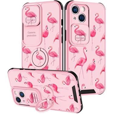 Imagem de Goocrux (2 em 1) para iPhone 13 Mini capa fofa rosa flamingo feminino meninas design de pássaros flamingos com capa de câmera deslizante + suporte de anel capas estéticas exclusivas para iPhone13 Mini 5,4 polegadas