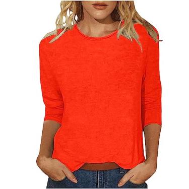 Imagem de Camiseta feminina básica de cor sólida gola redonda manga 3/4 verão leve blusa solta confortável casual manga curta, Laranja, 5G