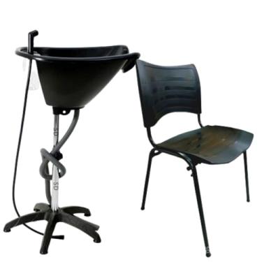 Imagem de HENVIFER, Kit Lavatório Portátil + Cadeira Plástica preta salão cabelo