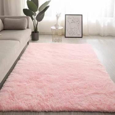 Imagem de Tapete peludo grande para sala de estar, tapete artificial branco de cabeceira, macio e fofo, lavável, tapete de decoração de tatami, rosa, 120 x 160 cm (47 x 63 pol.)