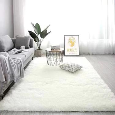 Imagem de Tapete grande peludo para sala de estar, branco, artificial, cabeceira, macio e fofo, lavável, tapete de decoração de tatami, branco, 200 x 180 cm (78,8 x 71 pol.)