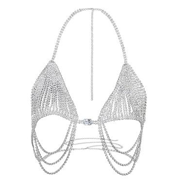 Imagem de E EMZHOLE Corrente sexy para o corpo, prata, brilhante, strass, parte superior de praia, biquíni, corrente de peito, verão, praia, boate, acessórios corporais, joias para mulheres e meninas, one size,