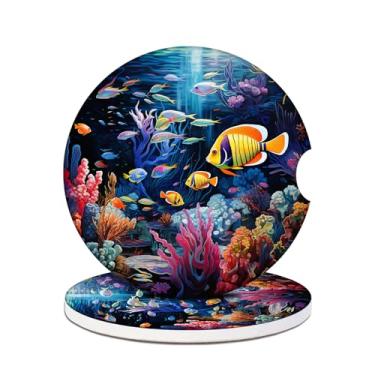 Imagem de Pacote com 2 porta-copos de carro - porta-copos de cerâmica absorvente de peixes do mundo subaquático, porta-copos de carro para porta-copos, acessórios de interior de carro para mulheres e homens
