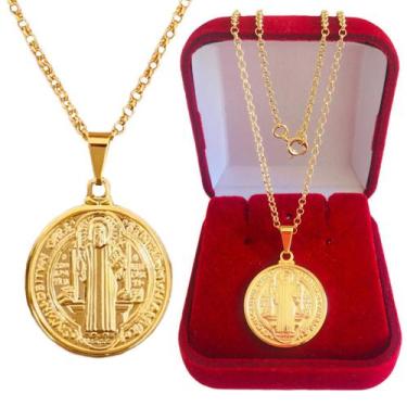 Imagem de Cordão Portuguesa Pingente Medalha de São Bento Banhado a Ouro 18k + C