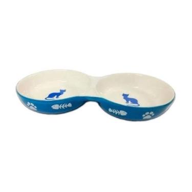 Imagem de Comedouro Porcelana Duplo 150ml - The Pets Brasil, Azul