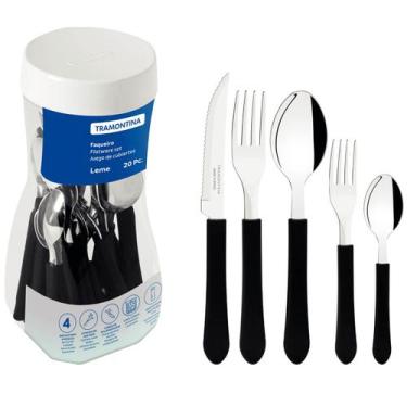 Imagem de Jogo de 20 Talheres no Pote Tramontina Faqueiro Leme Aço Inox Cabo Plá