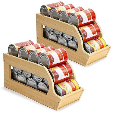 Imagem de Yumkfoi Organizadores e armazenamento de latas de bambu para despensa, organizador de latas de refrigerante, porta-bebidas, organizador empilhável de produtos enlatados, dispensador de latas para