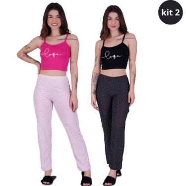Imagem de Kit 2 Pijamas Feminino Estampa Love Conjunto Calça e Cropped Roupa de 
