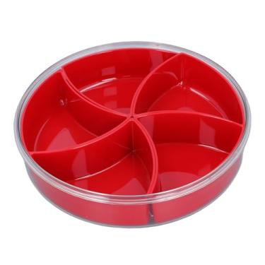 Imagem de Bandeja de servir dividida, bandeja de servir dividida redonda portátil com 5 compartimentos com tampa e alça conveniente e segura para crianças para frutas (vermelho)