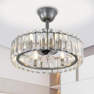 Imagem de FRIXCHUR Ventiladores De Teto Cristal Modernos Com Luzes, Lustre, Ventilador Cromado E Controle Remoto Sem Lâminas Para Sala Jantar, Estar Cozinha, 20,7", 6 Velocidades