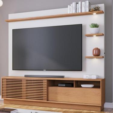 Imagem de Rack Com Painel Para TV até 70 Polegadas Home Theater Ripado Luz LED Marrom Madeira Off White Matte