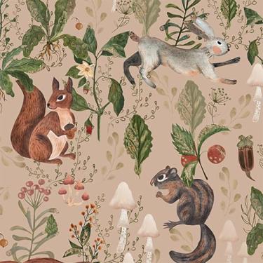 Imagem de Stickyart Papel de parede animal da floresta descasque e cole esquilo coelho cogumelo plantas papel de parede floral autoadesivo animal peculiar papel de parede botânico removível para quarto de