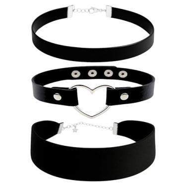 Imagem de STACKABLE CREATIONS Pacote com 3 gargantilhas — veludo (3,8 cm) + couro (1,5 cm) + pingente de coração, ajustável de 30,5 a 45,7 cm, ferragens de aço inoxidável, conjunto de camadas 90s/gótico — preto
