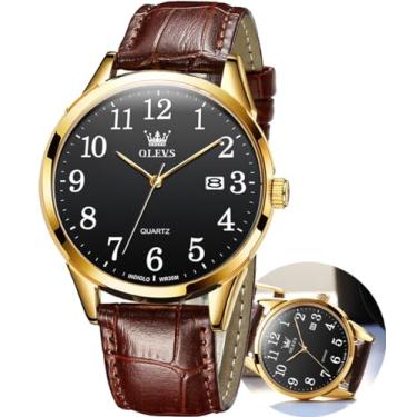 Imagem de OLEVS Relógio masculino de couro marrom - quartzo analógico clássico de fácil leitura com algarismos arábicos, à prova d'água (mostrador branco/preto/azul), G5566P-Preto, round, Relógio casual