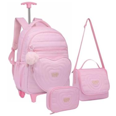 Imagem de Kit Mochila com Rodas e Costas Estojo Box e Lancheira Coração Fashion Escolar Rosa